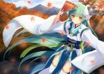  1girl absurdly_long_hair arm_up autumn_leaves bangs blue_sky clouds cloudy_sky day eyebrows_visible_through_hair fan fate/grand_order fate_(series) floating_hair green_hair holding_fan japanese_clothes kimono kiyohime_(fate/grand_order) leaf light_rays long_hair maple_leaf mountain nature outdoors over-kneehighs paper_fan pelvic_curtain sash sky smile solo thigh-highs very_long_hair white_kimono white_legwear wide_sleeves yashiro_seika yellow_eyes 