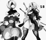  1girl ass boots breasts cleavage dress mole mole_under_mouth monochrome nier_(series) nier_automata nuezou open-back_dress short_hair skindentation solo sword thighs weapon yorha_unit_no._2_type_b 