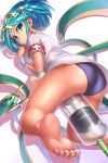  1girl aqua_eyes aqua_hair armband ass barefoot feet gundam00uc headdress jewelry large_syringe legs looking_back oversized_object puzzle_&amp;_dragons sarasvati_(p&amp;d) short_hair soles solo syringe toe_scrunch toenail_polish toes 