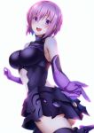  1girl armor ass bare_shoulders breasts elbow_gloves emanon123 fate/grand_order fate_(series) gloves hair_over_one_eye highres looking_back medium_breasts purple_gloves purple_hair shielder_(fate/grand_order) skirt violet_eyes white_background 