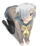  1girl all_fours alternate_costume alternate_hairstyle black_legwear blue_eyes blush hair_ornament hair_over_one_eye hairpin hamakaze_(kantai_collection) kantai_collection looking_at_viewer nedia_r pantyhose pleated_skirt short_hair silver_hair simple_background skirt solo sweater wavy_mouth white_background 