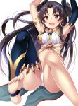  1girl armlet bare_shoulders barefoot black_hair blush crown earrings fate/grand_order fate_(series) feet hair_ribbon harimoji hoop_earrings ishtar_(fate/grand_order) jewelry long_hair looking_at_viewer no_shoes open_mouth red_eyes ribbon shiny shiny_skin single_thighhigh smile soles solo thigh-highs toes tohsaka_rin 