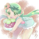  1girl :d bangs bare_arms bare_legs bare_shoulders bent_over blush bounsweet breasts carrying cowboy_shot crossed_arms dark_skin eyebrows_visible_through_hair floating_hair flower green_eyes green_hair hair_flower hair_ornament headband highres leaning_forward long_hair looking_at_viewer mallow_(pokemon) open_mouth outline overalls parted_bangs pokemon pokemon_(creature) pokemon_(game) pokemon_sm shirokoro small_breasts smile teeth tongue trial_captain twintails 