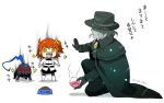  1girl 2boys ahoge all_fours armor arondight aura berserker_(fate/zero) chibi comic edmond_dantes_(fate/grand_order) fate/grand_order fate_(series) fedora formal fujimaru_ritsuka_(female) full_armor hat kana multiple_boys open_mouth orange_hair short_hair side_ponytail translation_request yellow_eyes 