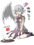  1girl 2016 between_legs bow bowtie brooch character_name covered_mouth covering_mouth dated dress drooling feathered_wings food grey_jacket grey_wings half_updo hand_between_legs hand_over_own_mouth hotplate inuno_rakugaki jewelry kishin_sagume long_sleeves orange_eyes purple_dress purple_legwear red_bow red_bowtie saliva short_hair silver_hair single_wing sitting solo steak steam touhou wariza white_background wings 