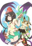  1girl 2016 bag bangs bare_arms bare_legs beanie black_eyes black_hair blue_sky bracelet bush clouds copyright_name costume dated day female_protagonist_(pokemon_sm) floral_print flower green_shorts grin handbag hat highres jewelry koyori-018 leg_up mimikyu palm_tree parted_bangs pikachu_costume pokemon pokemon_(creature) pokemon_(game) pokemon_sm pose red_hat shirt shoes short_hair short_sleeves shorts simple_background sky smile sneakers tied_shirt tree white_background yellow_shirt z-ring 