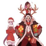  1boy 2girls :d ^_^ artist_request asymmetrical_hair bare_shoulders bell black_legwear boots bow bowtie breasts christmas cleavage closed_eyes collarbone crossed_arms detached_sleeves expressionless fake_antlers gift hat long_hair mask medium_breasts multiple_girls open_mouth overwatch piggyback ponytail purple_hair purple_skin reaper_(overwatch) red_nose ribbon santa_costume santa_hat simple_background smile sombra_(overwatch) source_request thigh-highs thigh_boots undercut white_background widowmaker_(overwatch) yellow_eyes 
