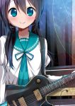  1girl amplifier bangs black_hair blue_eyes blue_ribbon blush commentary_request electric_guitar guitar hair_between_eyes holding_instrument instrument les_paul long_sleeves looking_at_viewer low_twintails original ragho_no_erika ribbon school_uniform serafuku smile solo twintails upper_body 
