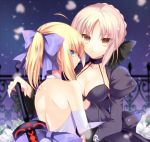  2girls agekichi_(heart_shape) bare_shoulders blonde_hair blue_eyes breasts cleavage dress elbow_gloves fate_(series) female gloves hug looking_at_viewer multiple_girls saber saber_alter short_hair sword upper_body weapon yellow_eyes 