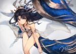  1girl arm arm_at_side artist_name bangs banner bare_arms bare_legs bare_shoulders black_hair black_ribbon chains closed_mouth collar collarbone crown depth_of_field fate/grand_order fate_(series) female flat_chest floating_hair from_above gem grey_background hair_ribbon highres ishtar_(fate/grand_order) jewelry leaning leaning_forward legs leotard long_hair looking_to_the_side neck_ring parted_bangs pelvic_curtain rean_(r_ean) red_eyes revealing_clothes ribbon side_slit simple_background sitting sketch smile solo strapless thigh_gap tiara tohsaka_rin two_side_up type-moon very_long_hair wind_lift 
