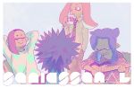  1girl 3boys arms_behind_head black_hair blue_hair chair cup domino_mask drinking electric_guitar guitar hand_in_pocket ichiya_(splatoon) ikkan_(splatoon) instrument katou_(osoraku) limited_palette looking_down mask mug multiple_boys murasaki_(splatoon) music namida_(splatoon) necktie orange_hair playing_instrument purple_hair sea_urchin short_hair sitting spiky_hair splatoon striped striped_necktie sweatshirt tentacle_hair 