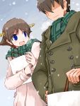  1boy :d admiral_(kantai_collection) bag blue_eyes blush breath brown_coat brown_hair closed_mouth coat day flying_sweatdrops green_scarf hair_ornament hair_over_eyes hairband hairclip hand_on_hip hiei_(kantai_collection) holding kanoe_soushi kantai_collection looking_at_another open_mouth outdoors scarf shopping_bag short_hair smile snow twitter_username 