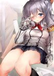  1girl beret blue_eyes breasts commentary_request epaulettes frilled_sleeves frills gloves hat highres kantai_collection kashima_(kantai_collection) long_hair looking_at_viewer military military_uniform one_eye_closed rouka_(akatyann) silver_hair solo twintails uniform wavy_hair white_gloves 