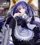  1girl alternate_costume apron blue_hair blush breasts corset dizzy enmaided fallen_down frilled_apron frills guilty_gear hair_ribbon large_breasts maid maid_headdress red_eyes ribbon solo tongari_(tongarin07) twintails yellow_ribbon 