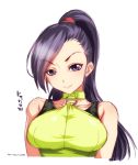  1girl bare_shoulders breasts character_request dragon_quest_xi long_hair looking_at_viewer mudou_eichi ponytail purple_hair simple_background smile solo violet_eyes white_background 