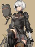  1girl android black_dress black_legwear blindfold breasts cleavage_cutout commentary dress hairband highres kumiko_shiba lips long_sleeves medium_breasts mole mole_under_mouth nier_(series) nier_automata nose panties pantyshot pod_(nier_automata) puffy_long_sleeves puffy_sleeves short_hair silver_hair simple_background solo thigh-highs thighs underwear white_panties yorha_unit_no._2_type_b zettai_ryouiki 