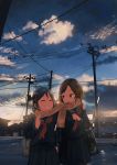  2girls ^_^ bag bird black_serafuku black_skirt blue_eyes blue_hair blue_sky brown_hair brown_scarf checkered_scarf closed_eyes clouds cloudy_sky convenience_store evening facing_another fringe grin hand_on_another&#039;s_shoulder hand_up highres holding_bag inami_hatoko looking_at_another multiple_girls neckerchief original outdoors parted_lips pleated_skirt railing scarf school_bag school_uniform serafuku shared_scarf shop shoulder_bag skirt sky smile teeth 