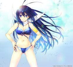  &gt;:) 1girl antenna_hair armband bangs bikini black_hair blue_bikini blue_eyes breasts cleavage collarbone cowboy_shot front-tie_bikini front-tie_top gluteal_fold groin hands_on_hips kaminashi_nozomi keijo!!!!!!!! lens_flare long_hair midriff navel pixiv_id scarf side-tie_bikini solo sunlight swimsuit trianon twitter_username very_long_hair watermark web_address 