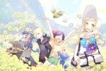  2girls 3boys arms_up backpack bag baseball_cap beanie black_hair blonde_hair braid cosmog cutiefly dark_skin dark_skinned_male dress duffel_bag female_protagonist_(pokemon_sm) field flower flower_field gladio_(pokemon) green_eyes green_hair hair_over_one_eye hat hau_(pokemon) hood hoodie lillie_(pokemon) litten long_hair male_protagonist_(pokemon_sm) melso multiple_boys multiple_girls open_mouth oricorio petilil pikachu pokemon pokemon_(creature) pokemon_(game) pokemon_sm ponytail popplio red_hat rowlet shirt short_hair shorts sky sleeveless sleeveless_dress sun_hat tied_shirt torn_clothes twin_braids type:_null white_dress white_hat 