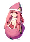  1girl artist_name bangs bare_arms bare_shoulders blueberry_(5959) blunt_bangs breasts chestnut_mouth collarbone eyebrows_visible_through_hair full_body hair_ribbon highres humanization long_hair looking_at_viewer low-tied_long_hair navel pink_eyes pink_hair pokemon pokemon_(game) pokemon_sm red_ribbon ribbon simple_background small_breasts solo stomach tapu_lele tareme twintails very_long_hair white_background 