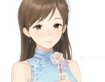  1girl bangs brown_eyes brown_hair commentary_request cup dress drinking_glass drinking_straw earrings flower hair_ornament idolmaster idolmaster_cinderella_girls idolmaster_cinderella_girls_starlight_stage jewelry light_smile long_hair matayoshi nitta_minami portrait sleeveless sleeveless_dress solo swept_bangs 