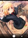  1girl brown_eyes candy chair classroom desk double_v fisheye food futaba_anzu highres idolmaster idolmaster_cinderella_girls long_hair looking_at_viewer low_twintails necktie rheez school_desk school_uniform sitting solo twintails v very_long_hair viewfinder window 