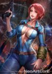  1girl belt bra breasts cleavage fallout fallout_4 green_eyes gun large_breasts lips machine_pistol nudtawut_thongmai parted_lips pip_boy redhead smile sole_survivor_(female) solo underwear unzipped updo vault_suit watermark weapon 