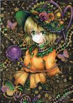  1girl artist_name ballpoint_pen_(medium) black_background blonde_hair blouse butterfly commentary_request dated floral_background flower green_eyes hat hat_flower komeiji_koishi long_sleeves looking_at_viewer marker_(medium) mosho orange_blouse short_hair smile solo third_eye touhou traditional_media upper_body 