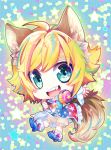  1boy animal_ears blonde_hair blue_eyes cat_ears chibi headphones highlights male_focus multicolored_hair show_by_rock!! shu_zo_(show_by_rock!!) solo star tail theuselesstoe 