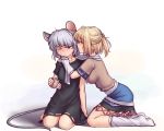  2girls animal_ears arm_warmers blonde_hair blush breasts closed_eyes collarbone cup dress drunk grey_hair half_updo hater_(hatater) holding holding_cup hug kneeling medium_breasts mizuhashi_parsee mouse_ears mouse_tail multiple_girls nazrin one_eye_closed pointy_ears red_eyes short_hair simple_background tail touhou white_background yuri 