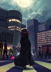  1girl berabou black_cape black_hat bow brown_shoes building cape city clouds cloudy_sky crosswalk from_behind full_moon hat hat_bow highres long_sleeves moon night puffy_long_sleeves puffy_sleeves purple_skirt shoes skirt sky solo_focus suitcase touhou usami_sumireko walking white_bow white_legwear 