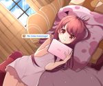  1girl bangs c_turtle english long_hair lying nightgown on_bed on_side pillow pout red_eyes redhead rin_(shelter) shelter_(music_video) solo tablet window 