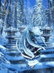  1boy armor blue_eyes blue_hair blue_sky forest highres japanese_armor japanese_clothes kousetsu_samonji long_hair male_focus nature pippi_(pixiv_1922055) sandals sky snow sode stairs tabi touken_ranbu tree very_long_hair winter 