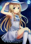  1girl absurdres armpits blonde_hair braid collared_dress dress full_moon green_eyes hat highres lillie_(pokemon) long_hair moon pokemon pokemon_(game) pokemon_sm sleeveless sleeveless_dress solo sun_hat sundress twin_braids white_hat yuusa 