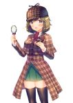  1girl bangs black_legwear blonde_hair blue_eyes blush bow breasts capelet chocolate chocolate_bar cowboy_shot detective food food_on_face green_skirt hands_up hat highres holding holding_food large_breasts looking_at_viewer magnifying_glass original plaid plaid_hat pleated_skirt red_bow shiny shiny_hair short_hair simple_background skirt smile solo sparkle suiheisen thigh-highs white_background zettai_ryouiki 