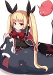  1girl blazblue blonde_hair blush_stickers bow cat demon_wings dress ear_pull fangs frown gii gothic_lolita hair_ribbon highres lolita_fashion long_hair looking_at_viewer lying nago ocha_(ochappie) on_stomach open_mouth rachel_alucard red_bow red_eyes ribbon shadow tears twintails wide_sleeves wings 