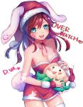  1girl :3 :d animal_ears bare_shoulders blue_eyes blush blush_stickers breasts brown_hair bunny_tail cleavage d.va_(overwatch) dot_eyes dress enepuni facial_mark fangs fingerless_gloves gloves hat heart heart-shaped_pupils highres hips holding_stuffed_animal long_hair looking_at_viewer medium_breasts octopus open_mouth overwatch rabbit_ears santa_costume santa_hat sleeveless sleeveless_dress smile snowflakes solo sweat symbol-shaped_pupils tail tentacle thigh-highs whisker_markings 