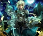  1boy armor bedivere blonde_hair fate/grand_order fate_(series) flower full_moon knight long_hair moon petals planted_weapon solo sword weapon yuu_(pixiv769259) 