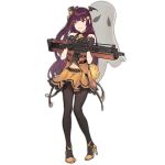  1girl alternate_costume bare_shoulders bat_hair_ornament belt black_gloves black_legwear bow bullpup carrying carrying_under_arm dress duoyuanjun eyebrows eyebrows_visible_through_hair food_themed_hair_ornament full_body ghost girls_frontline gloves gun hair_bow hair_ornament hair_ribbon halloween halloween_costume high_heels holding long_hair looking_away looking_to_the_side navel necktie official_art open_mouth pantyhose personification pumpkin pumpkin_hair_ornament purple_hair red_eyes ribbon rifle sniper_rifle solo standing transparent_background very_long_hair wa2000_(girls_frontline) walther walther_wa_2000 weapon 