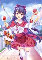  1girl absurdres apple_earrings black_hair bow capelet earrings eyebrows_visible_through_hair food_themed_earrings hair_bow highres holding jewelry long_hair looking_at_viewer one_leg_raised open_mouth original outdoors red_bow red_ribbon red_skirt ribbon satou_satoru shirt skirt solo thigh-highs violet_eyes white_legwear white_shirt zettai_ryouiki 