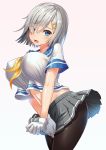  1girl blue_eyes breasts erect_nipples grey_background hair_ornament hair_over_one_eye hairclip hamakaze_(kantai_collection) highres kantai_collection large_breasts pantyhose short_hair silver_hair simple_background skirt solo tako_seijin 