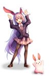  1girl :3 :d animal_ears arms_up black_jacket black_legwear blazer brown_shoes bunny_pose buttons chiyu_(kumataro0x0) collared_shirt full_body hair_between_eyes highres jacket lavender_hair loafers long_hair looking_at_viewer necktie open_mouth orange_eyes pink_skirt pleated_skirt rabbit rabbit_ears red_necktie reisen_udongein_inaba shirt shoes simple_background skirt smile touhou very_long_hair white_background white_shirt 