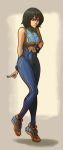  1girl black_hair bodysuit brown_eyes chun-li chun-li_(cosplay) cosplay full_body highres long_legs mikasa_ackerman onikorosu shingeki_no_kyojin shoes short_hair sleeveless sneakers solo street_fighter street_fighter_zero_(series) studded_bracelet vest 