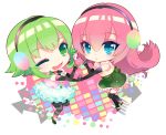  2girls blue_eyes chibi dress earmuffs eyebrows_visible_through_hair eyelashes frilled_dress frilled_skirt frills green_eyes green_hair gumi happy_synthesizer_(vocaloid) heart heart_of_string long_hair megurine_luka mouthpiece multiple_girls nijita18 one_eye_closed pink_hair pouty_lips short_hair simple_background skirt smile very_long_hair vocaloid 