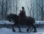  1boy 1girl aureolin31 bare_tree black_cloak blonde_hair blue_eyes braid commentary_request expressionless forest fur-trimmed_coat highres horse horseback_riding looking_at_viewer nature original profile red_cloak red_hood riding road signature snow snowing stone_wall tree twin_braids wall winter 