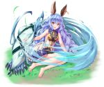  1girl animal_ears arm_support barefoot blue_hair breasts brown_eyes ferry_(granblue_fantasy) full_body granblue_fantasy long_hair looking_at_viewer open_mouth outdoors pensuke sideboob sitting solo white_background 