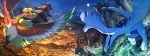  architecture autumn_leaves blue_sky building commentary_request day day_and_night east_asian_architecture highres ho-oh legendary_pokemon lugia moon mountain night night_sky no_humans pagoda pippi_(pixiv_1922055) pokemon pokemon_(creature) pokemon_(game) pokemon_gsc sky sparkle water waterfall waves wind 