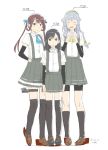  &gt;:/ 3girls arm_warmers asagumo_(kantai_collection) asashio_(kantai_collection) bangs bike_shorts black_eyes black_hair blue_hair brown_eyes brown_hair closed_eyes dated fingers_together full_body hair_rings height_difference kantai_collection kawashina_(momen_silicon) kneehighs multiple_girls neckerchief pleated_skirt school_uniform skirt standing suspenders swept_bangs thigh_strap twintails white_background yamagumo_(kantai_collection) 