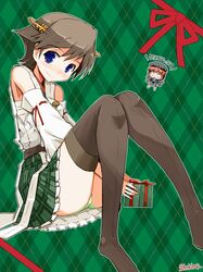  2girls afterimage bare_shoulders beret between_legs black_legwear blue_eyes blue_hat blush box brown_hair chibi_inset closed_mouth detached_sleeves eyebrows_visible_through_hair from_side gift gift_box green_background green_panties hairband hand_between_legs hat head_tilt hiei_(kantai_collection) holding holding_gift kanoe_soushi kantai_collection knees_together_feet_apart motion_lines multiple_girls nontraditional_miko nose_blush open_mouth panties pantyshot pantyshot_(sitting) plaid plaid_background plaid_skirt pleated_skirt red_ribbon ribbon ribbon-trimmed_sleeves ribbon_trim sarashi short_hair sitting skirt smile thigh-highs translation_request triangle_mouth twitter_username underwear waving_arms z3_max_schultz_(kantai_collection) 