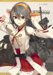  1girl 2015 artist_name bangs bare_shoulders breasts brown_background eyebrows_visible_through_hair frills grey_hair hair_between_eyes hair_ornament hairclip hands_up haruna_(kantai_collection) headgear highres kantai_collection konishi_(koconatu) long_hair looking_at_viewer machinery nontraditional_miko official_art open_mouth orange_eyes red_skirt remodel_(kantai_collection) sarashi scan searchlight simple_background skirt solo text thigh-highs turret zettai_ryouiki 